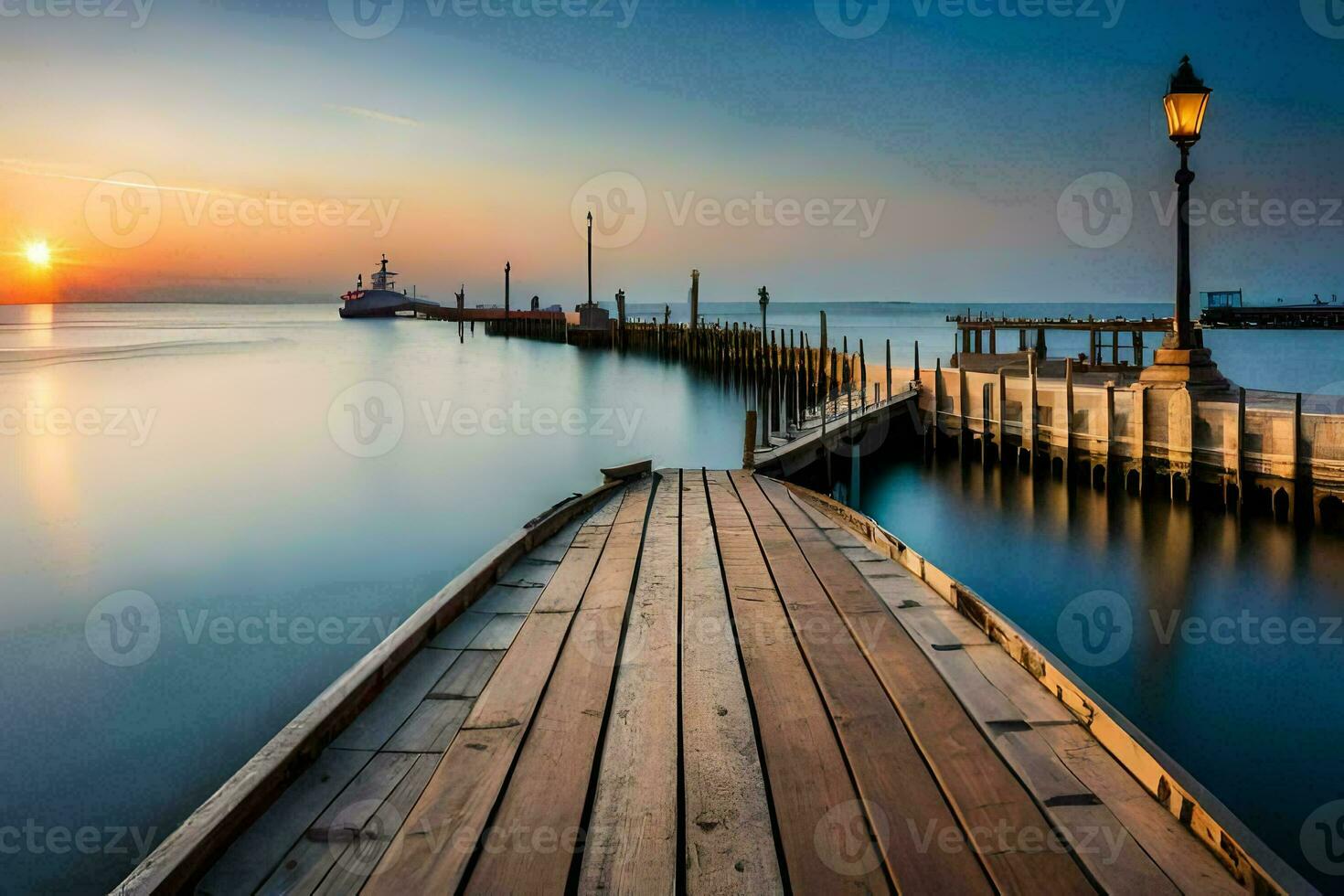 a wooden dock leads to the ocean at sunset. AI-Generated photo