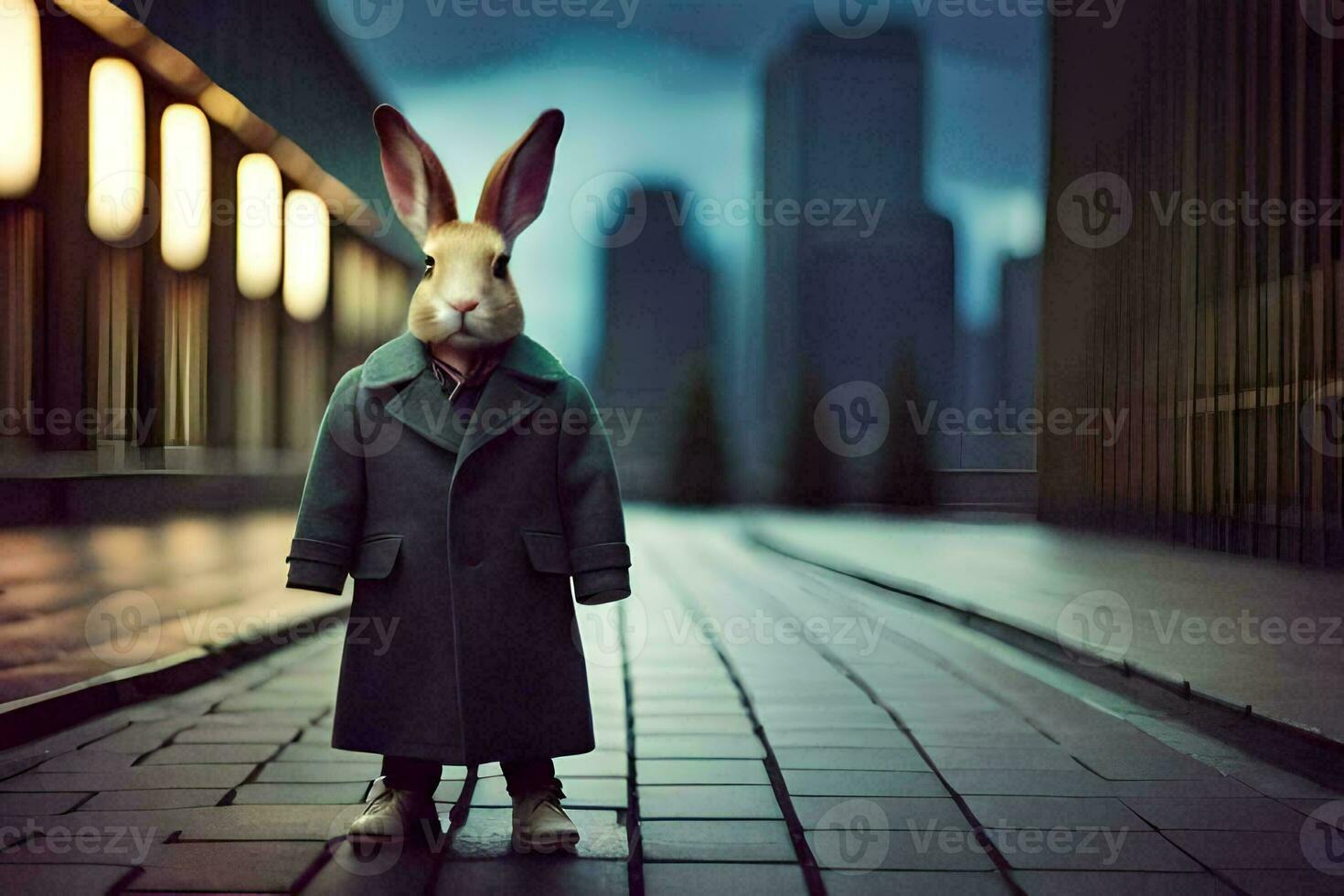 a rabbit wearing a coat and tie standing in the middle of a city street. AI-Generated photo