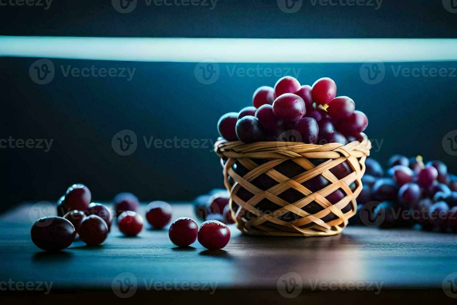 grapes in a basket on a table. AI-Generated photo
