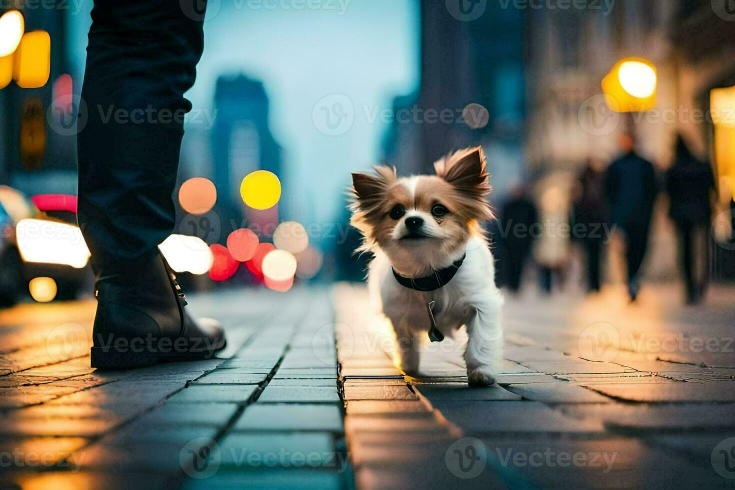 a small dog walking on a brick street at night. AI-Generated photo