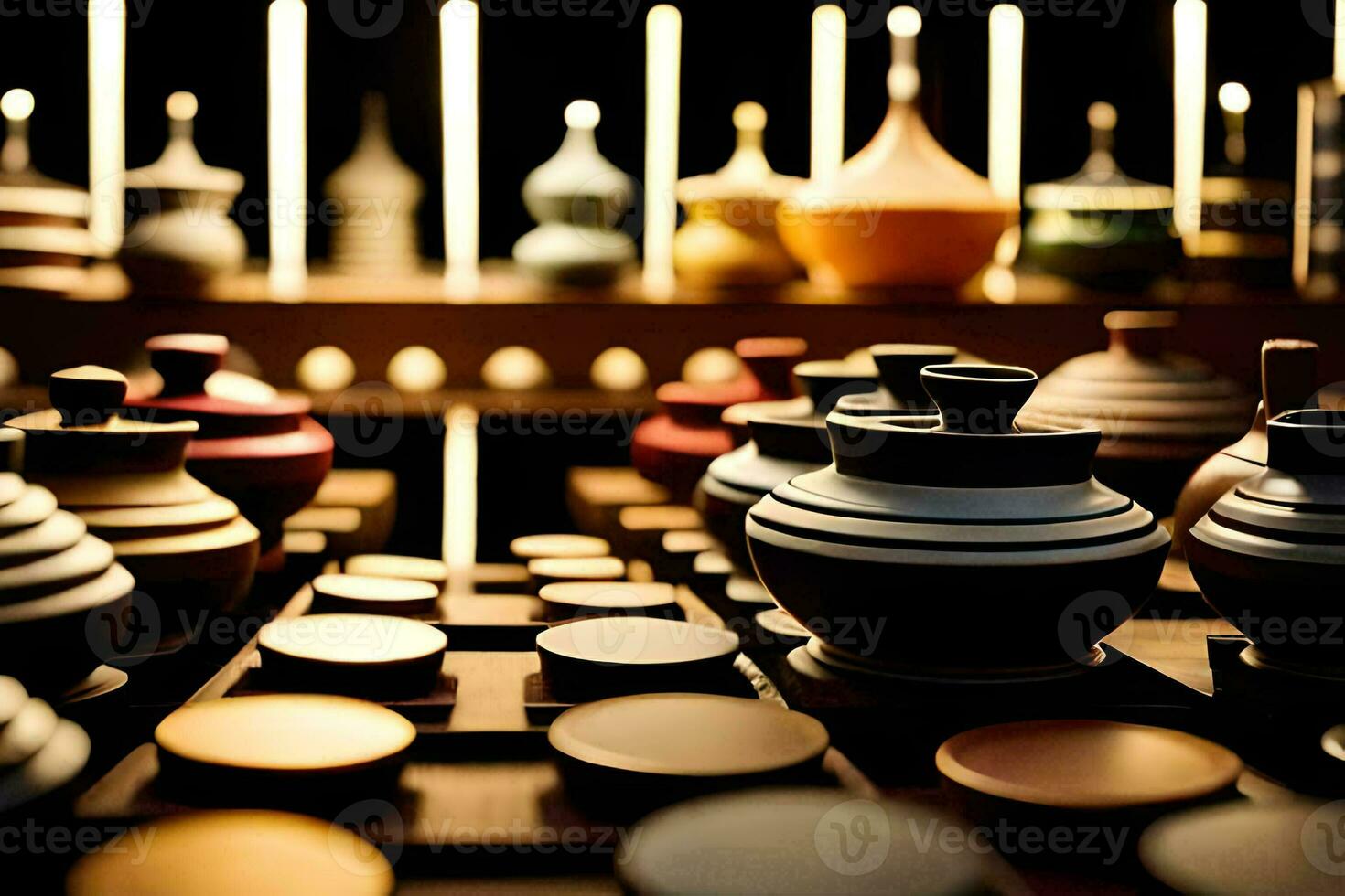 a collection of vases and bowls on a table. AI-Generated photo