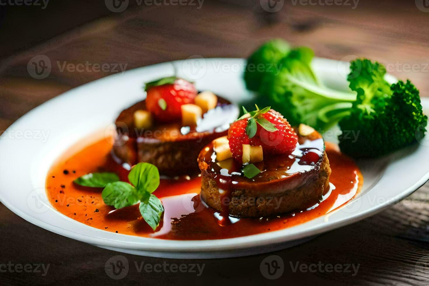two pieces of meat with sauce and broccoli. AI-Generated photo
