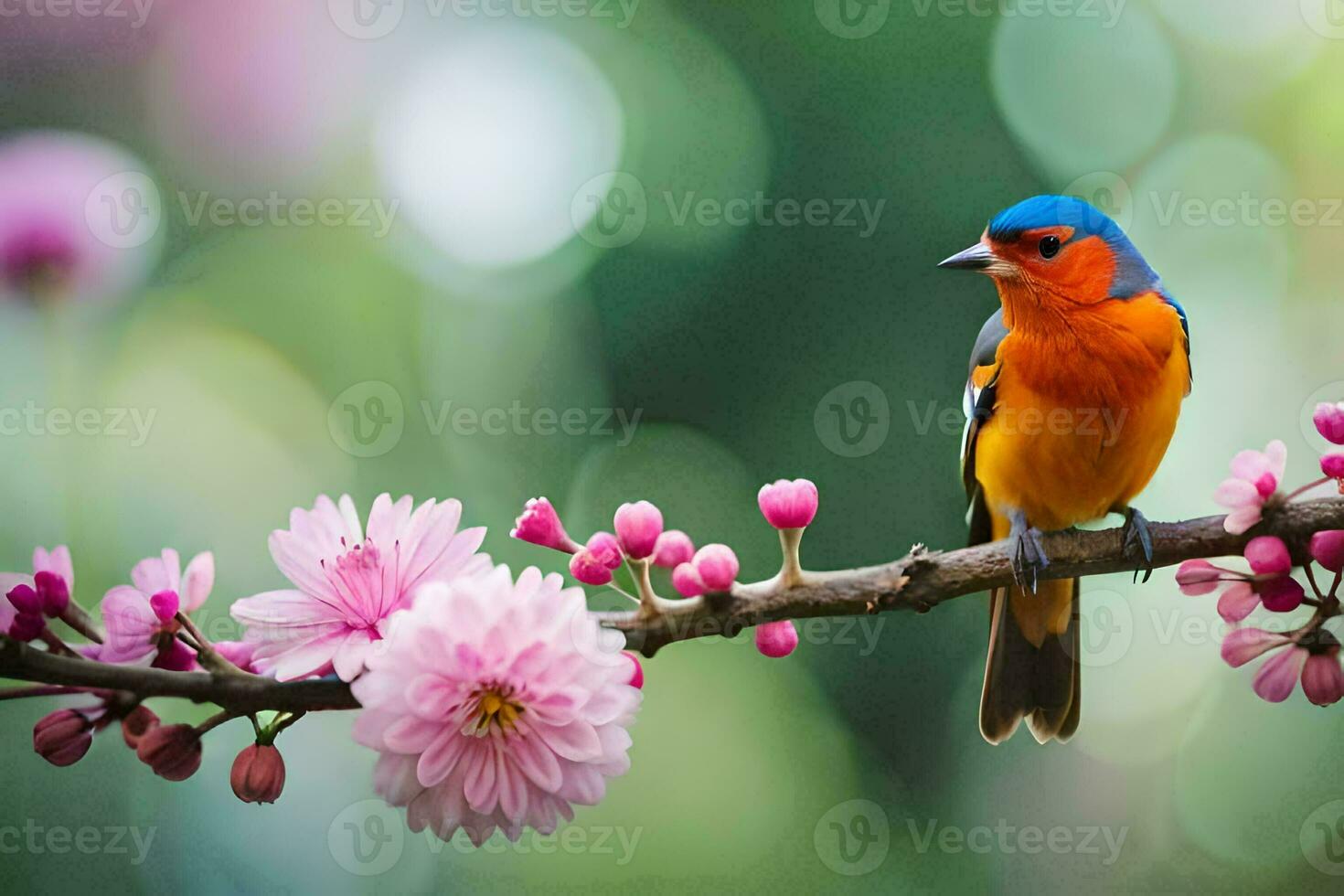 a colorful bird sits on a branch with pink flowers. AI-Generated photo