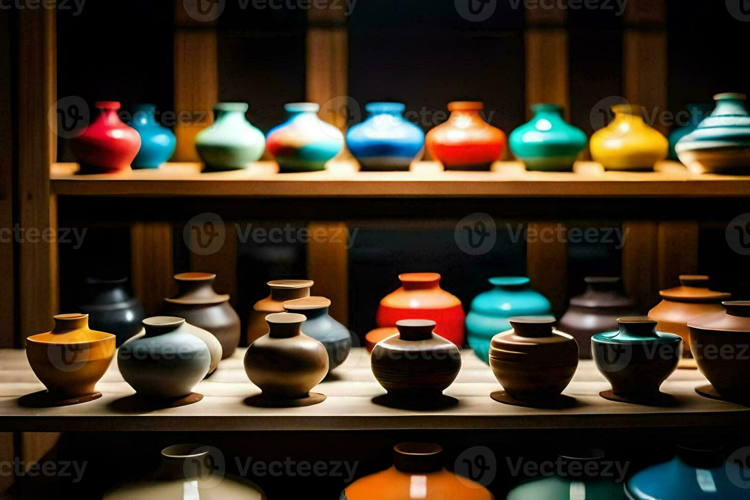 a collection of colorful vases on a shelf. AI-Generated photo
