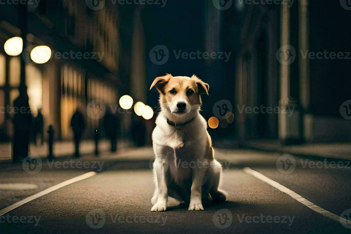 a dog sitting on the street at night. AI-Generated photo