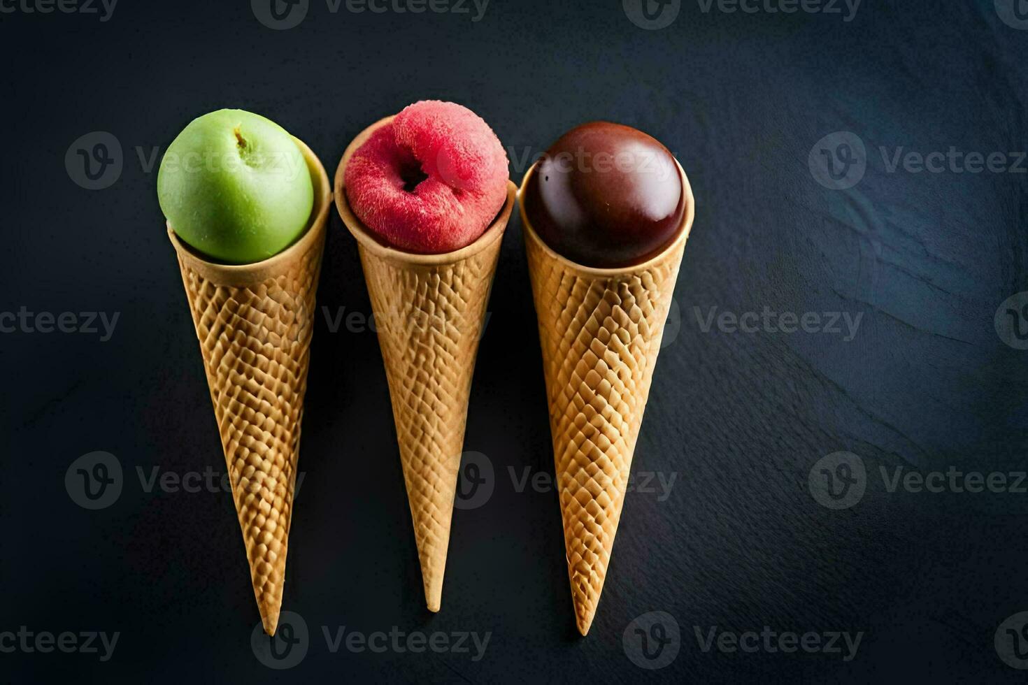 three ice cream cones with different fruits in them. AI-Generated photo