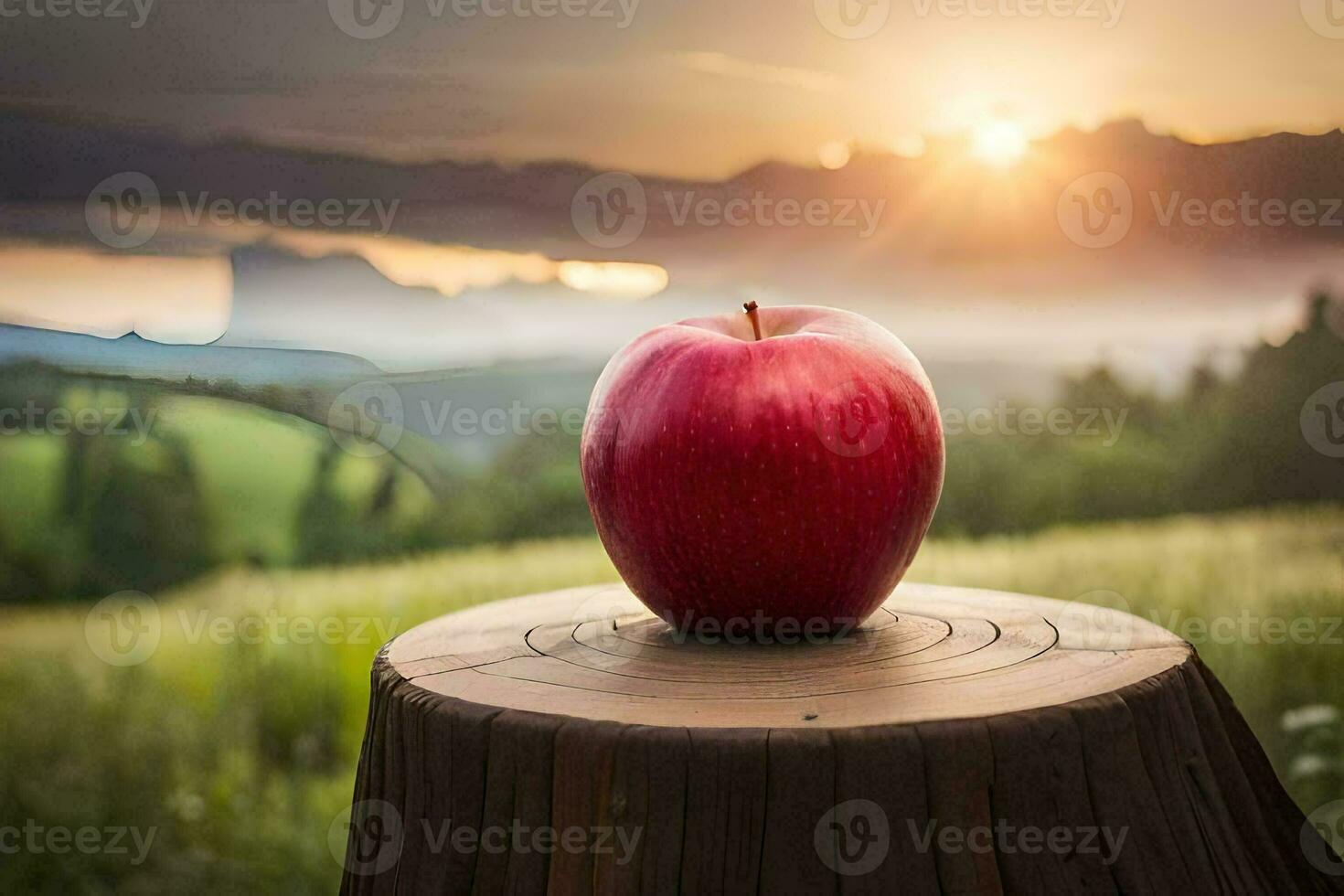an apple sits on top of a stump in front of a sunset. AI-Generated photo