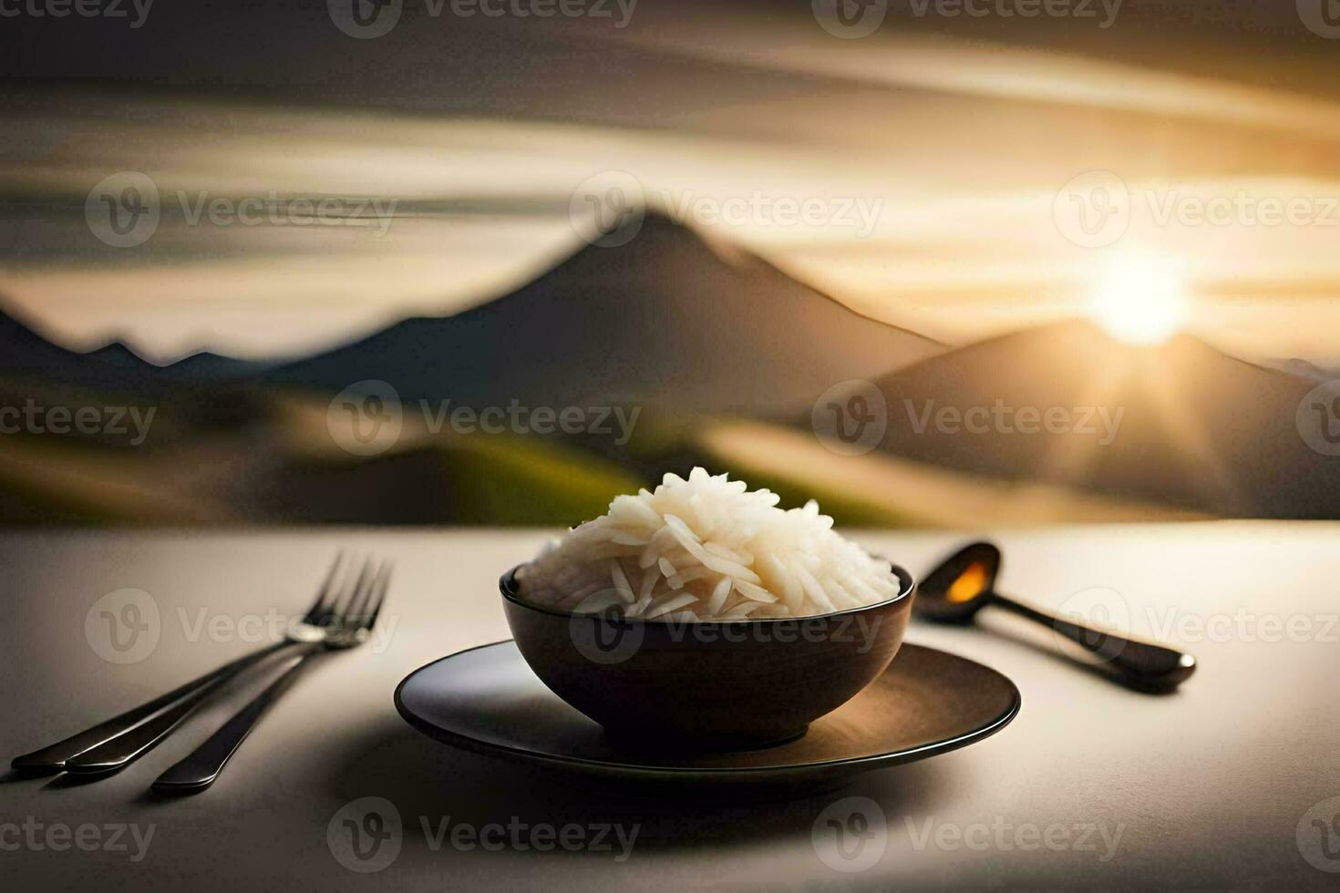 the rice is in a bowl with a fork and spoon on the table. AI-Generated photo