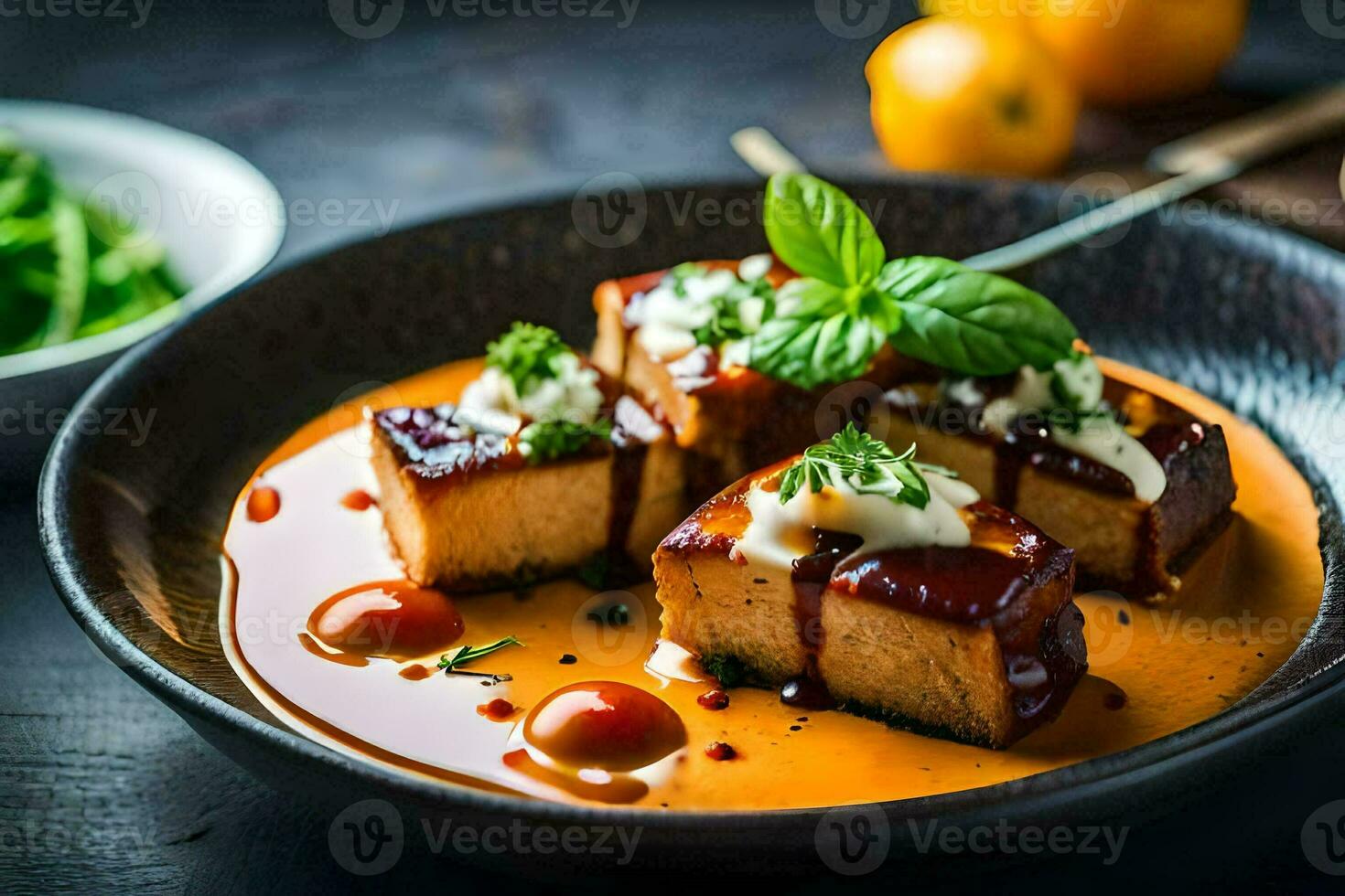 a plate of tofu with sauce and vegetables. AI-Generated photo