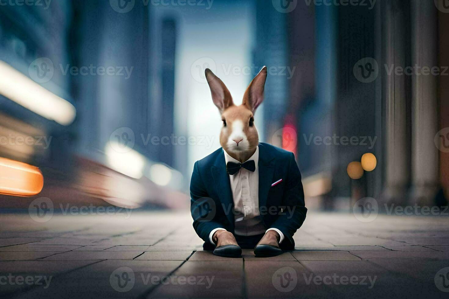 a rabbit in a suit and tie sitting on the ground. AI-Generated photo