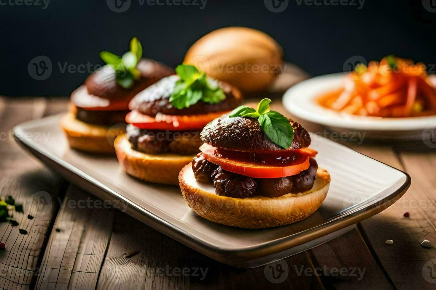 Tres mini hamburguesas en un plato con vegetales. generado por ai foto