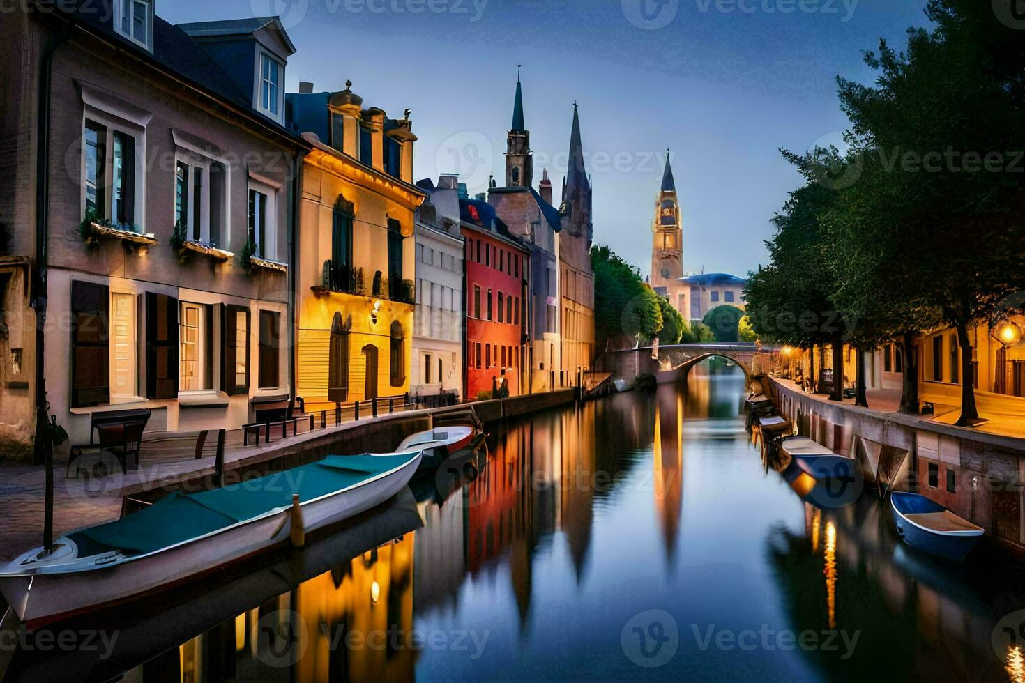 a canal in the middle of a city with boats. AI-Generated photo