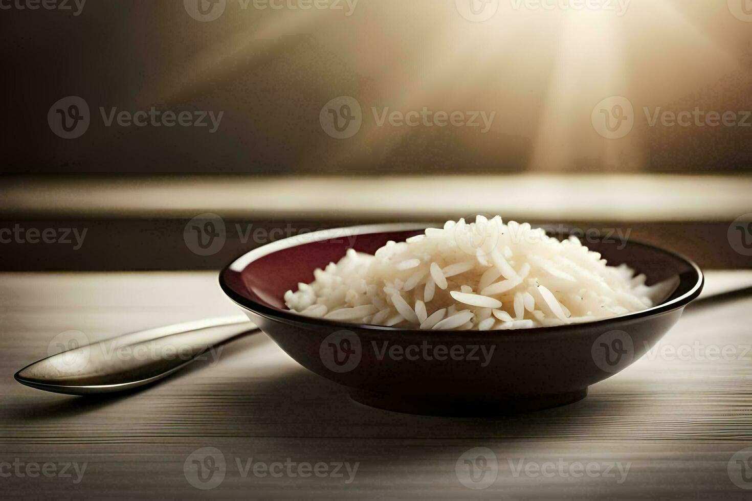a bowl of rice on a table with a spoon. AI-Generated photo