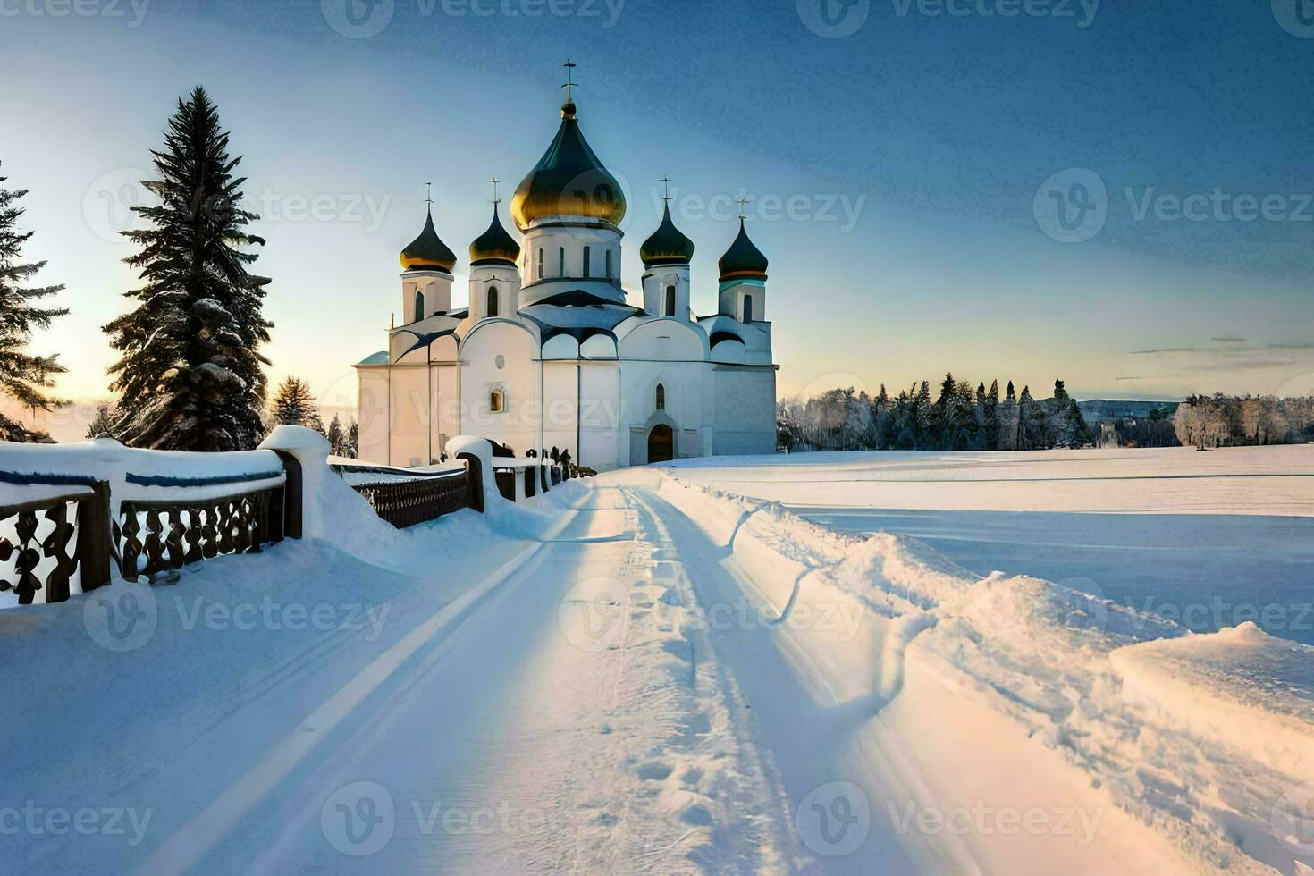 a church in the snow with a path leading to it. AI-Generated photo