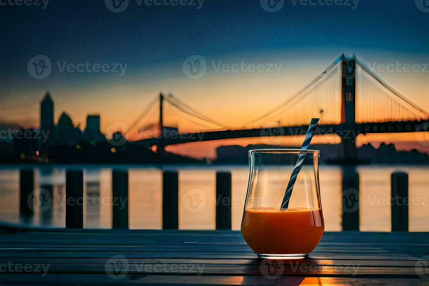 a glass of orange juice sits on a table with a bridge in the background. AI-Generated photo