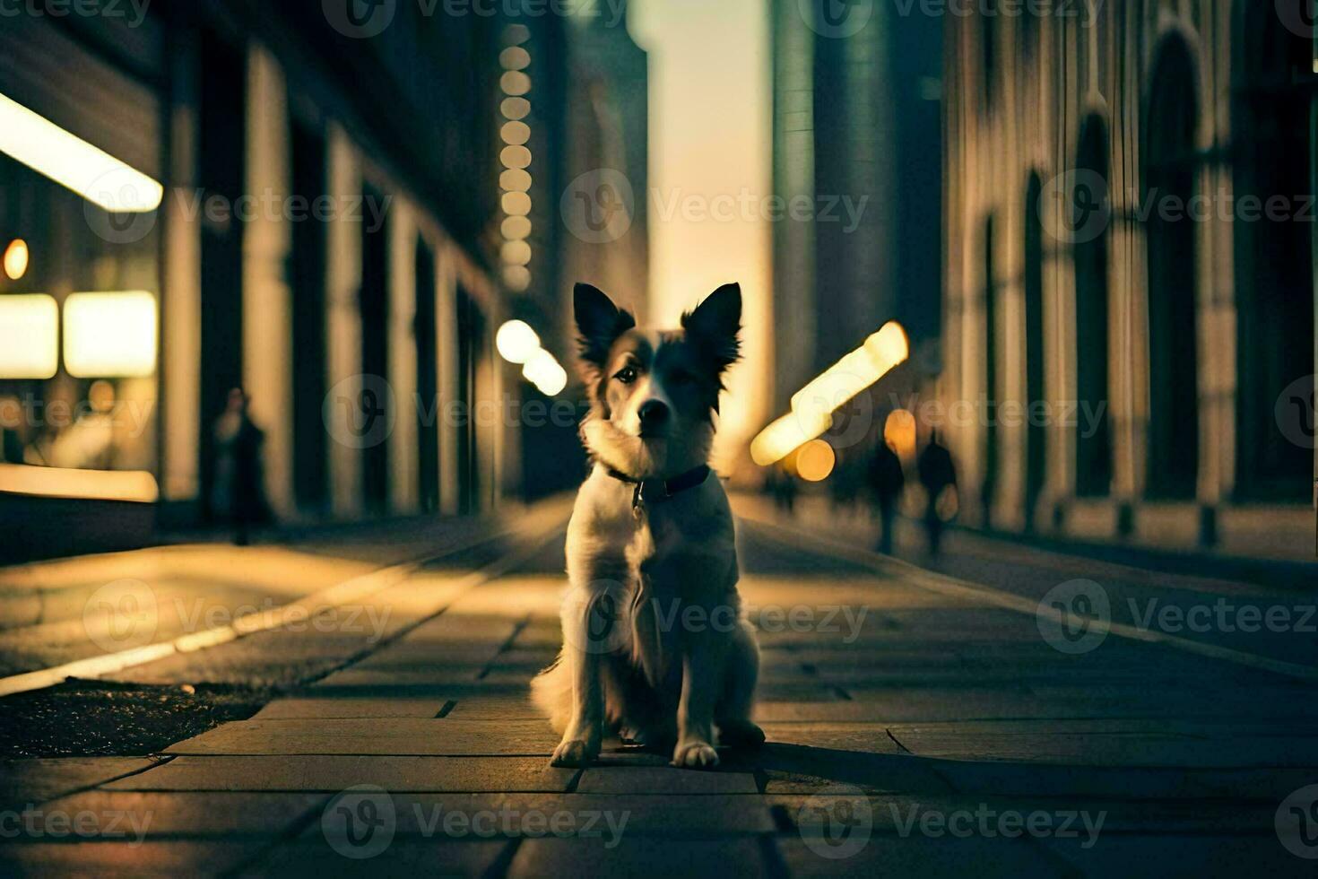 un perro sentado en el acera en un ciudad. generado por ai foto