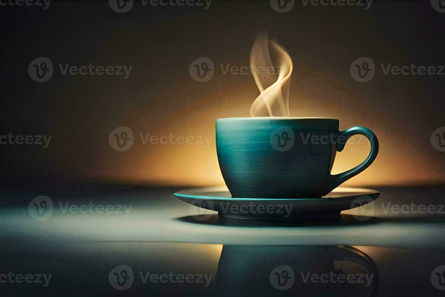 a cup of coffee on a table with a light. AI-Generated photo