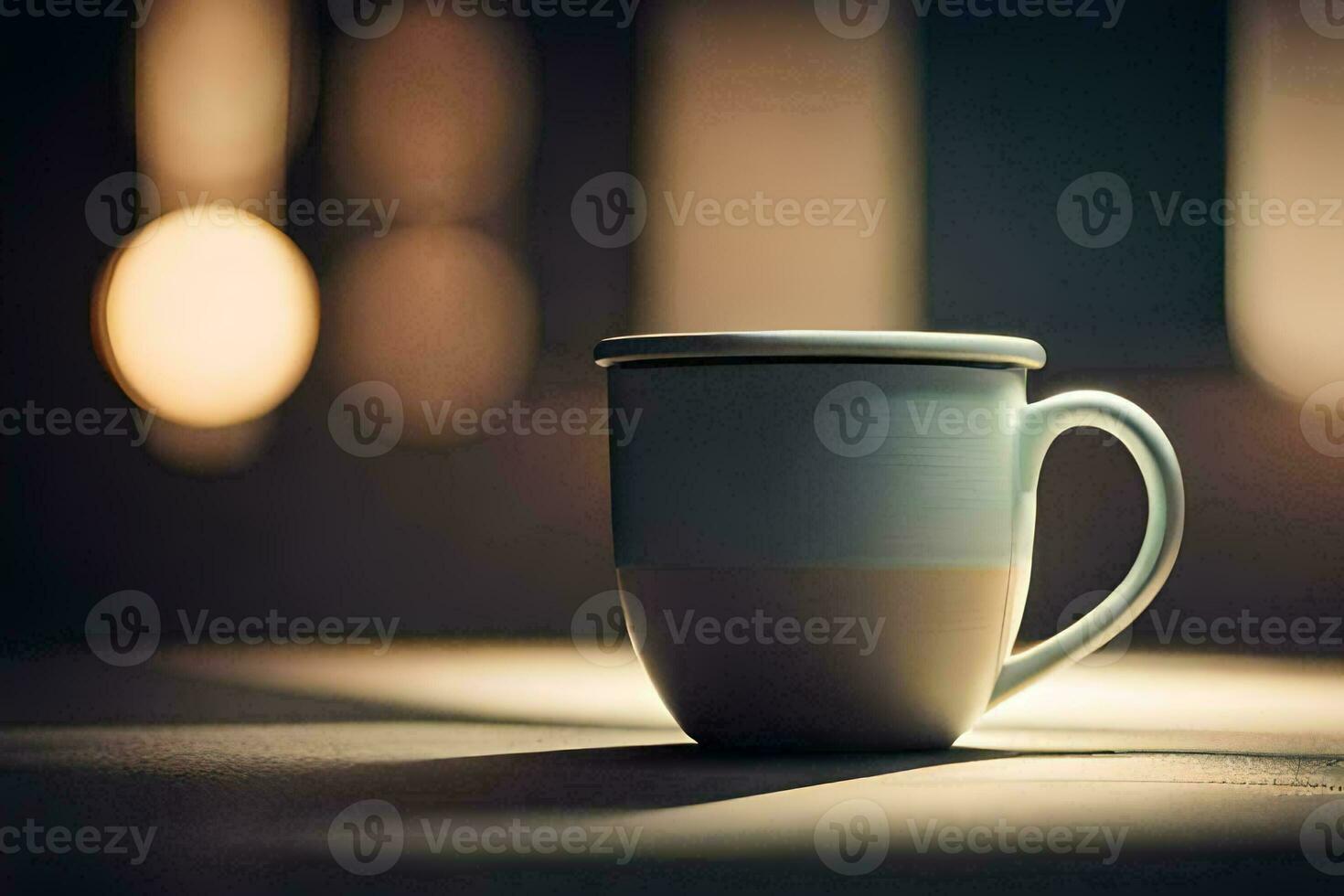 a coffee cup sitting on a table in front of a window. AI-Generated photo