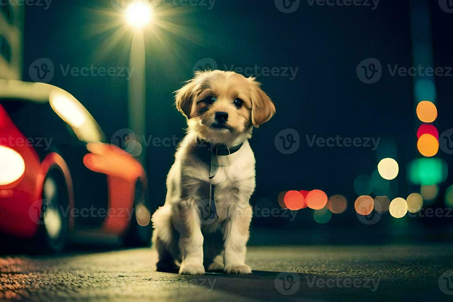 a dog sitting in front of a car at night. AI-Generated photo