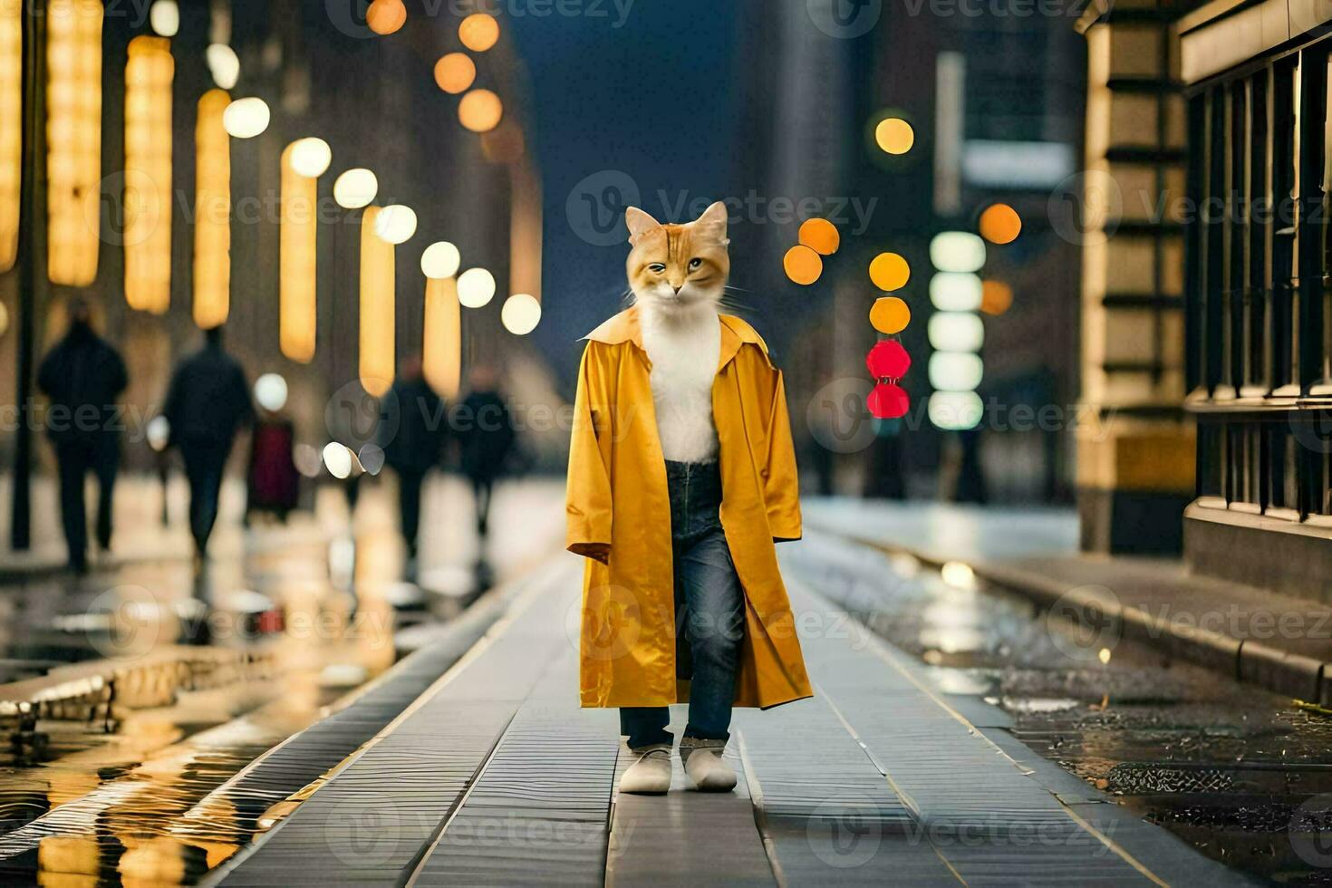 a cat wearing a yellow coat and jeans walking down a street at night. AI-Generated photo