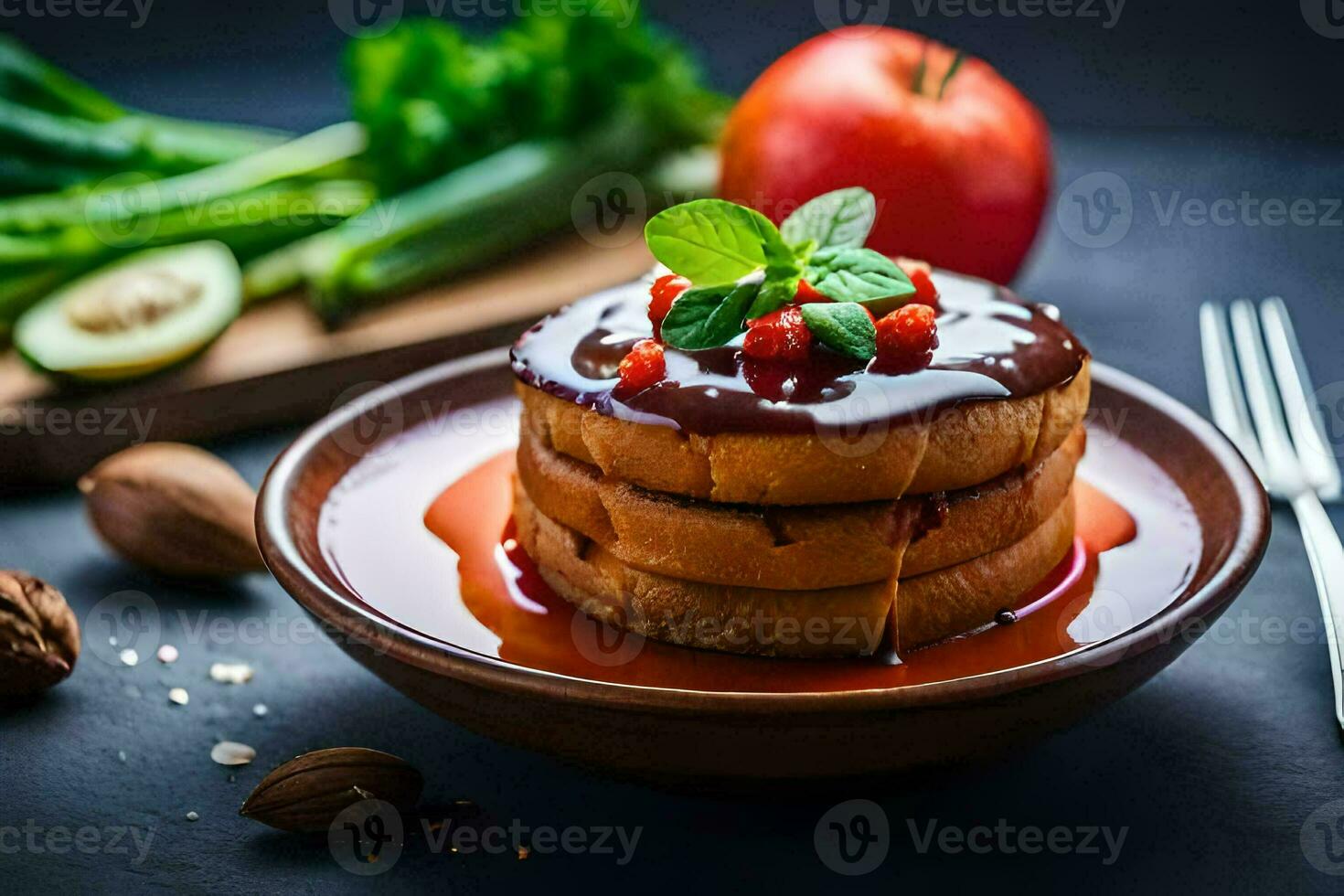 a stack of pancakes with chocolate sauce and berries. AI-Generated photo