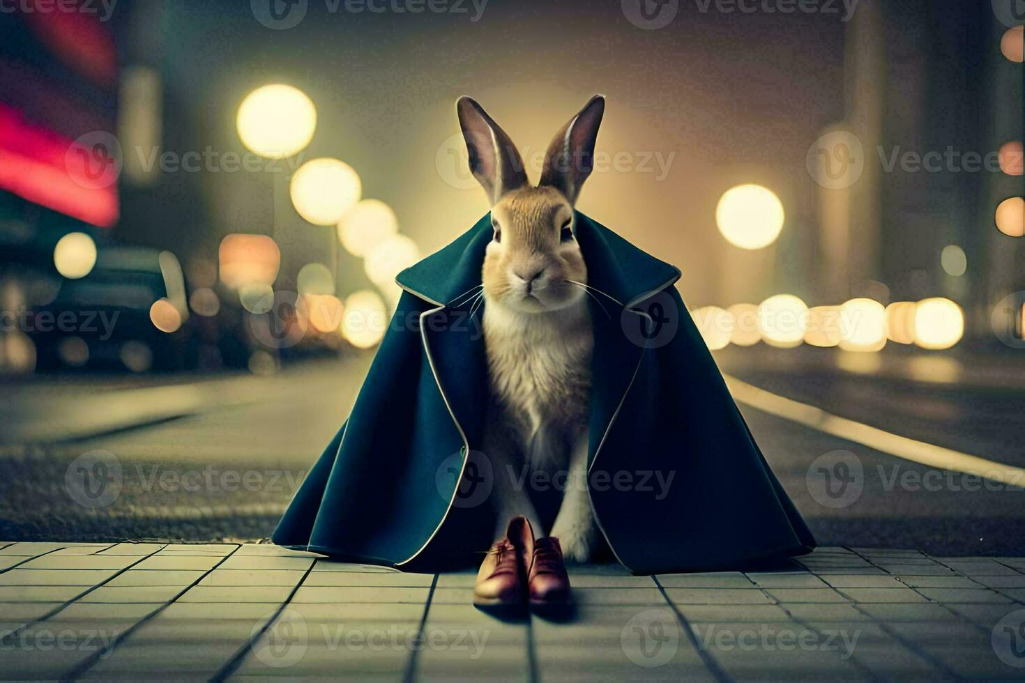 a rabbit in a coat and shoes sitting on the street. AI-Generated photo