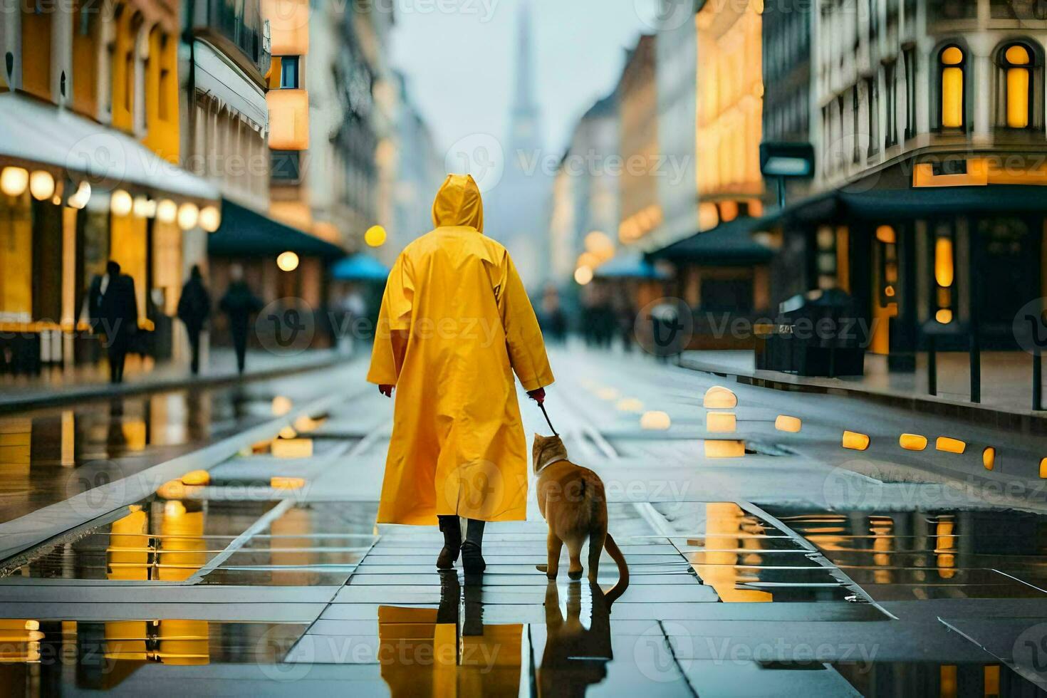 a person in a yellow raincoat walking their dog on a wet street. AI-Generated photo