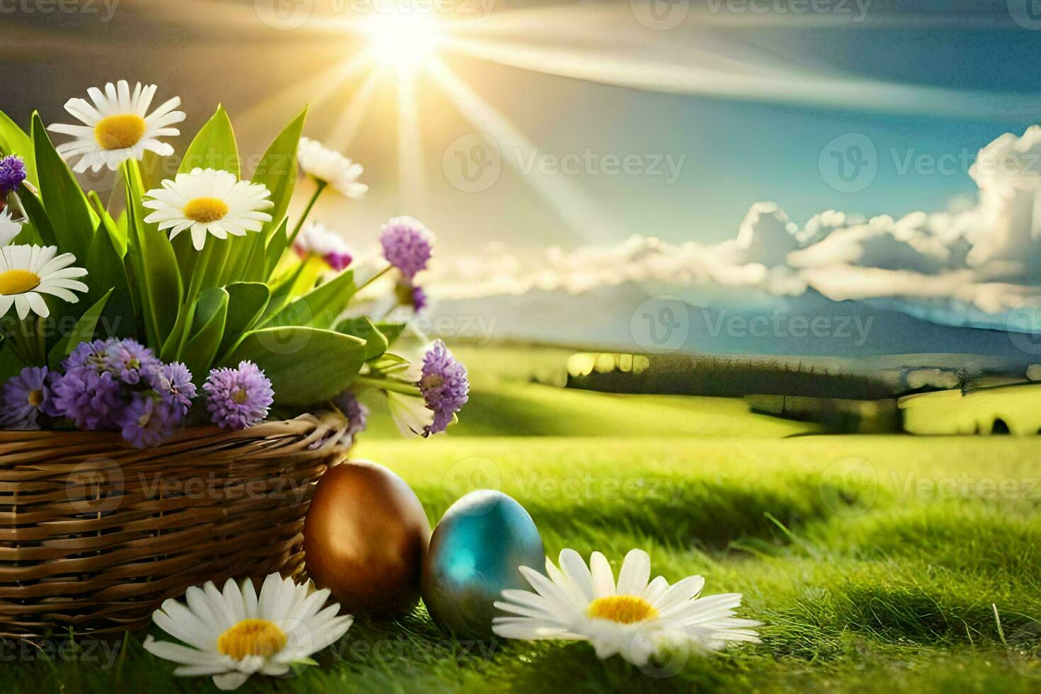 Pascua de Resurrección huevos en un cesta en un soleado día. generado por ai foto