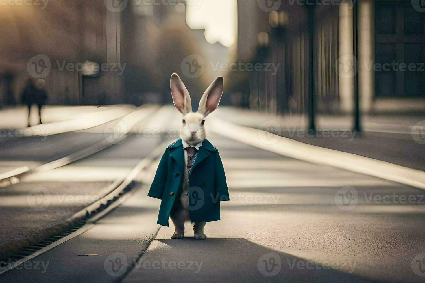 a rabbit wearing a coat and tie standing on a street. AI-Generated photo