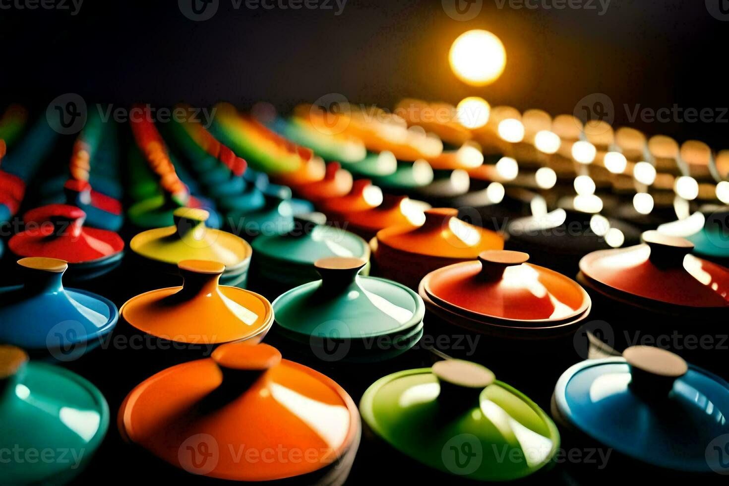 colorful pots and pans are arranged in a row. AI-Generated photo