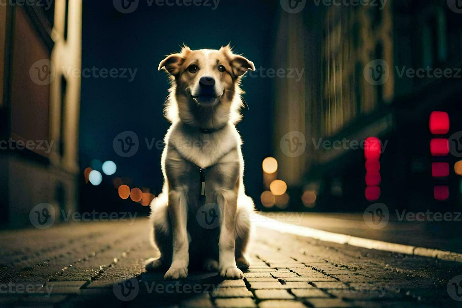 a dog sitting on the ground in the dark. AI-Generated photo