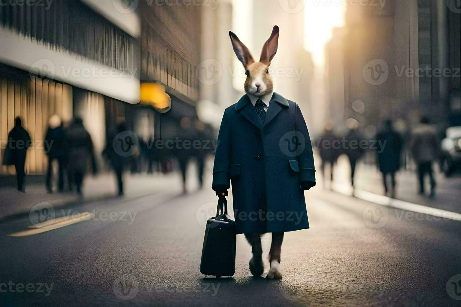 a rabbit dressed in a suit and tie walking down a city street. AI-Generated photo