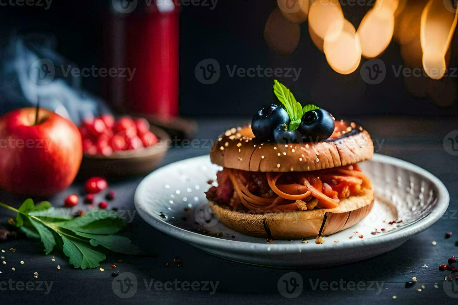 a hamburger with tomato sauce and blueberries on a plate. AI-Generated photo