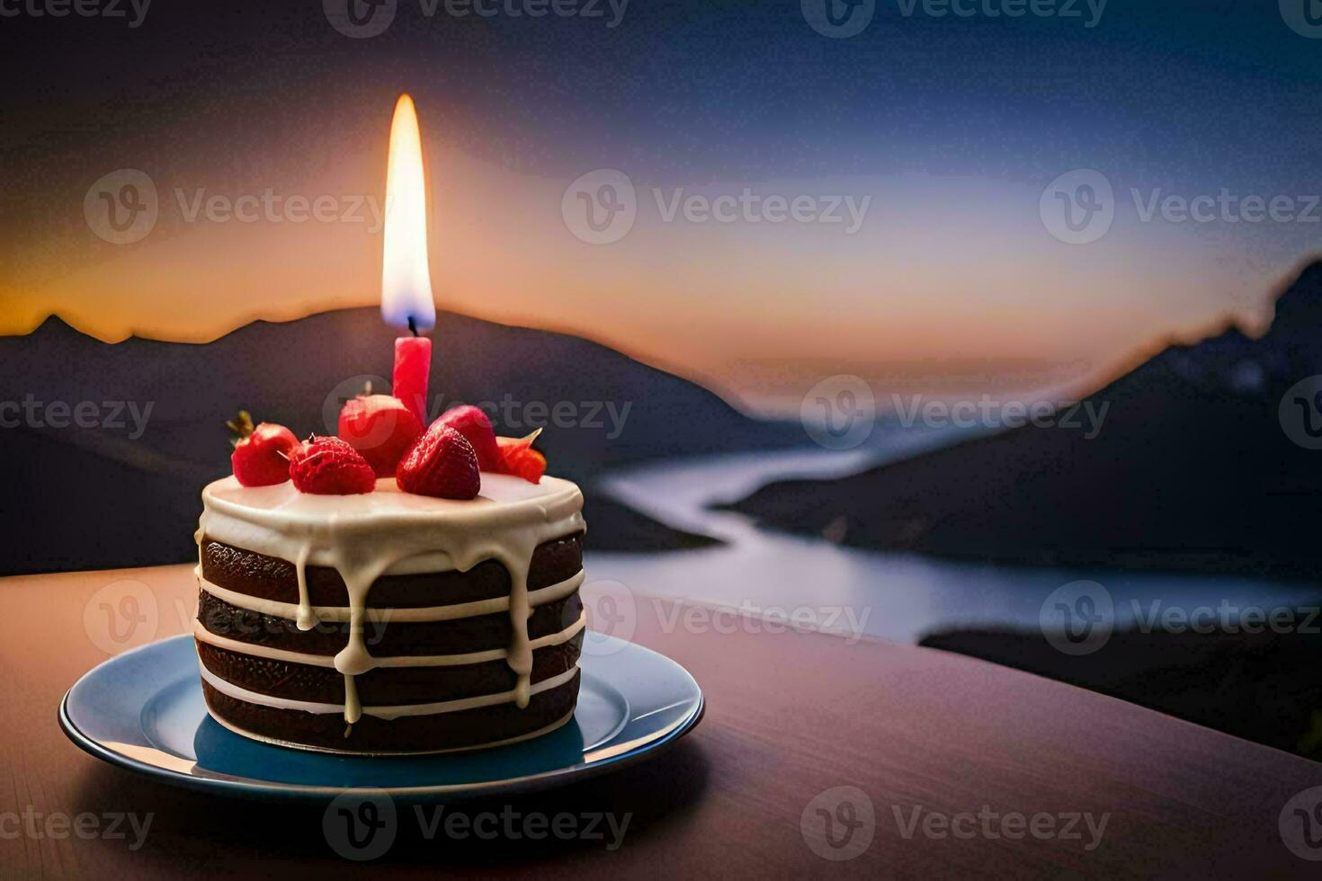a birthday cake with a single candle on top. AI-Generated photo