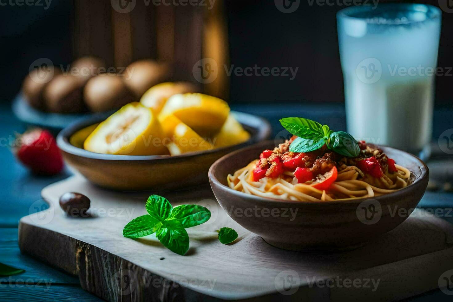 spaghetti with tomato, basil and mozzarella on a wooden table. AI-Generated photo