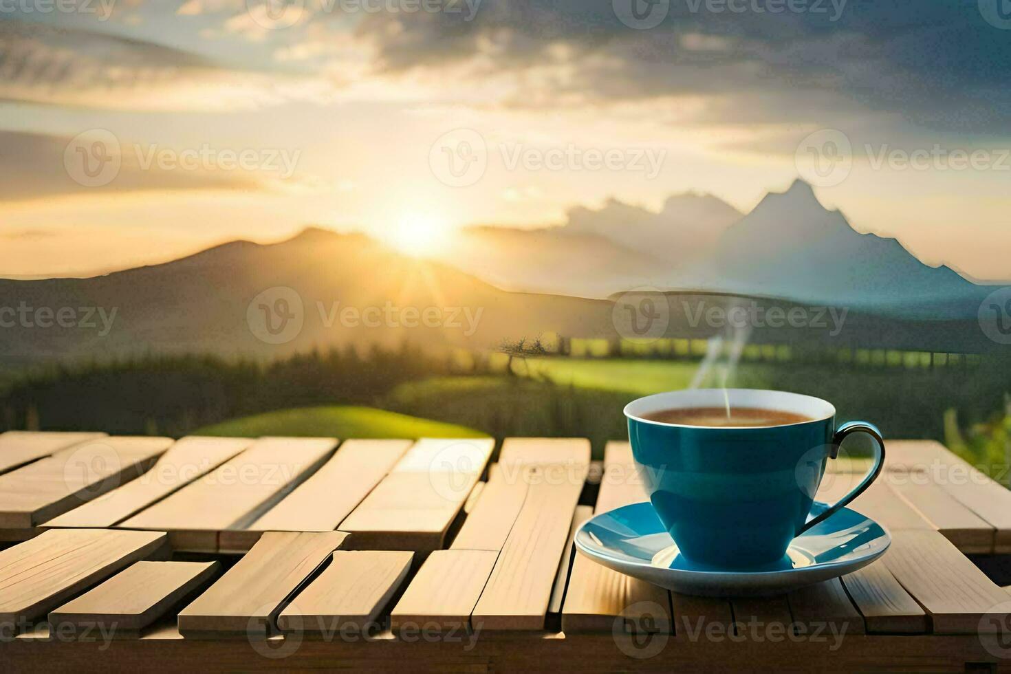 a cup of coffee on a wooden table in the mountains. AI-Generated photo