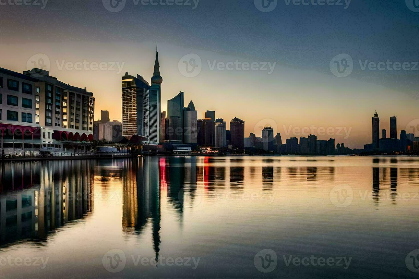 the skyline of dubai is reflected in the water. AI-Generated photo