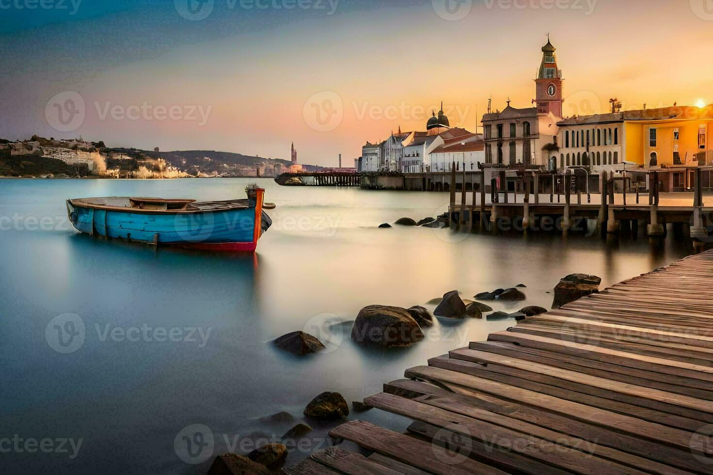 a boat sits on the dock at sunset in front of a town. AI-Generated photo