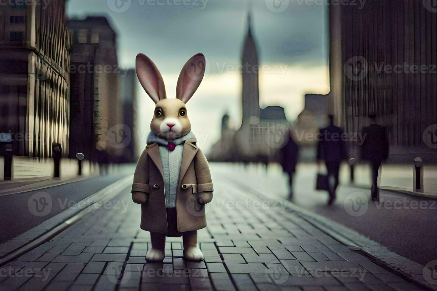 a rabbit in a trench coat standing on a city street. AI-Generated photo