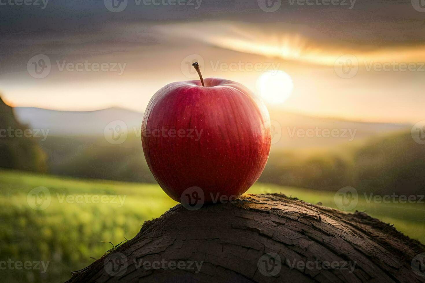 an apple is sitting on top of a stump in front of a sunset. AI-Generated photo