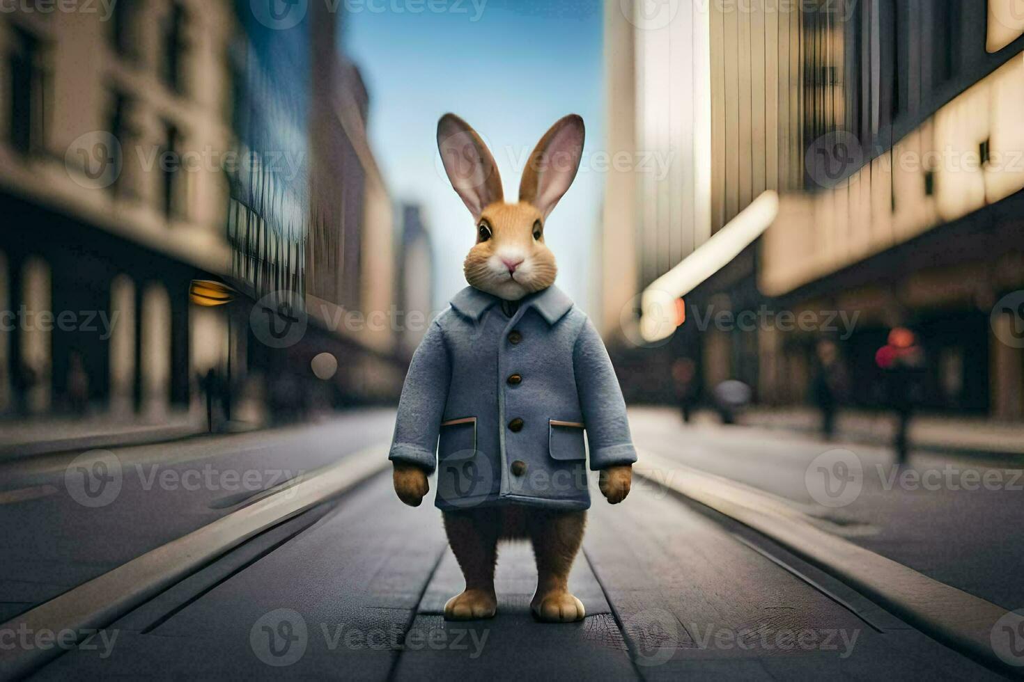 a rabbit wearing a coat and tie standing on a street. AI-Generated photo