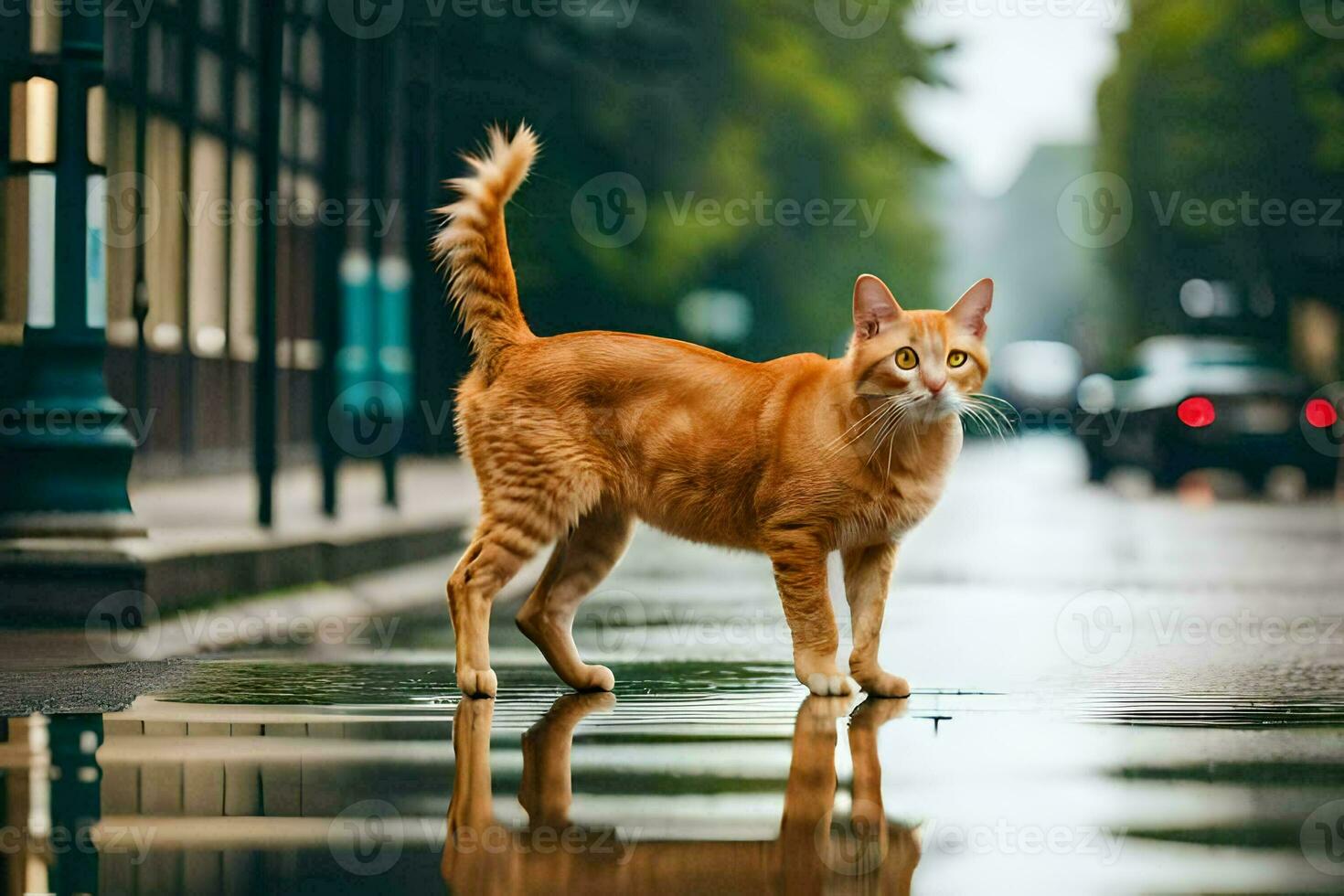 an orange cat is standing on a wet street. AI-Generated photo