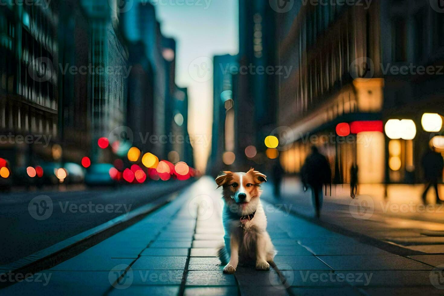 a dog standing on the street in a city. AI-Generated photo