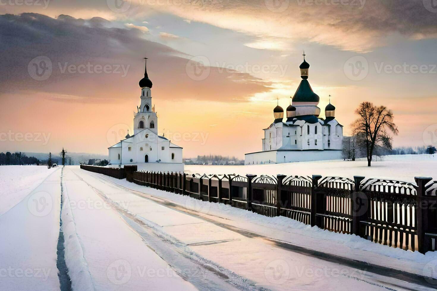 a snowy road leads to a church in the middle of a field. AI-Generated photo