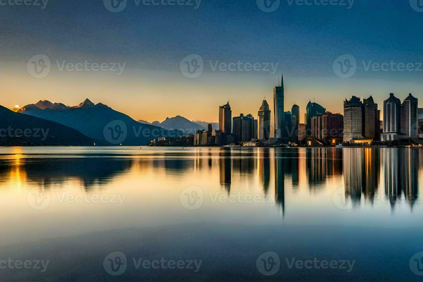 the city skyline is reflected in the water at sunset. AI-Generated photo