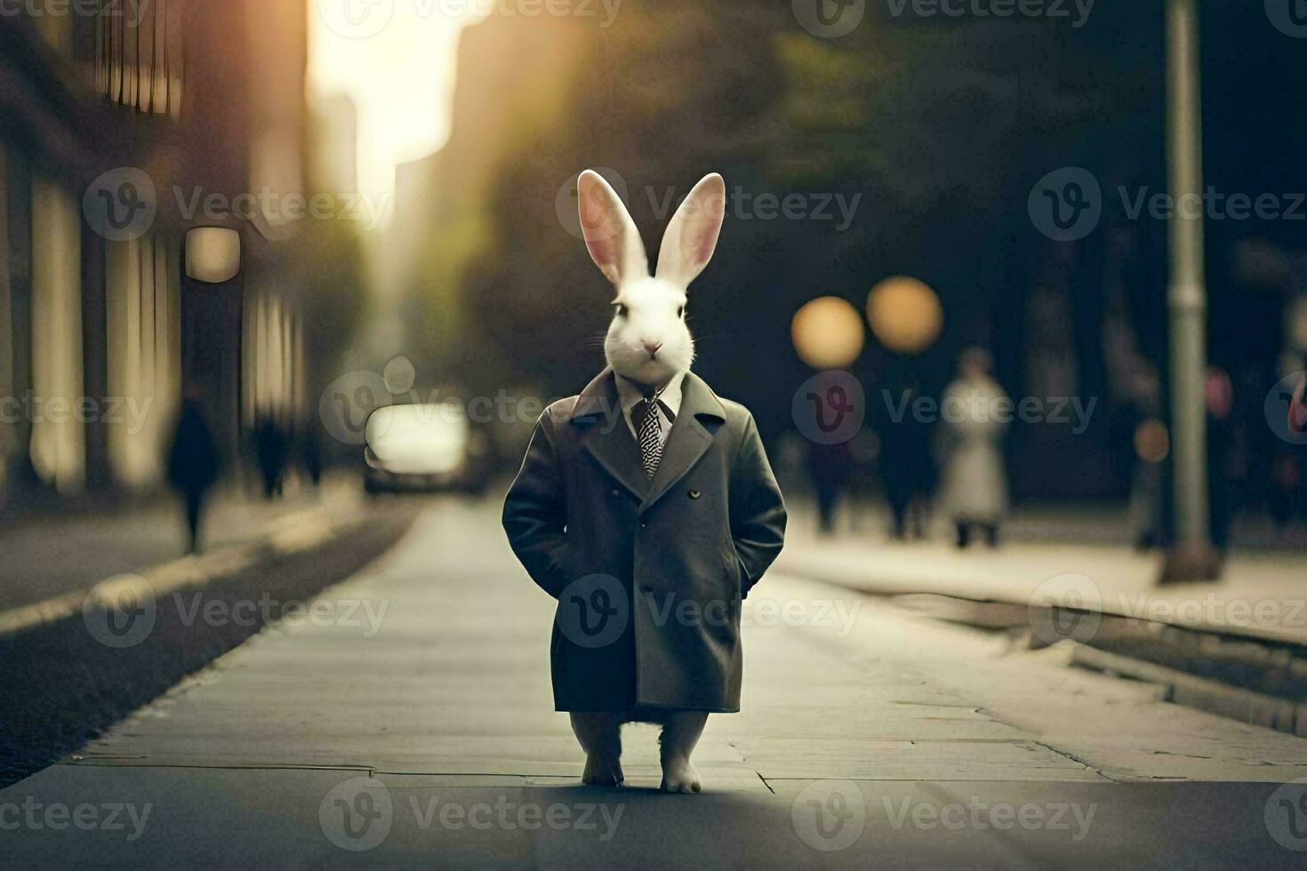 a rabbit dressed in a suit and tie standing on a street. AI-Generated photo