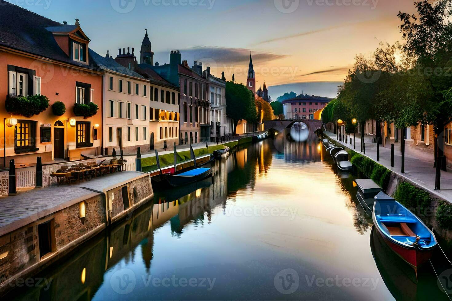 a canal in the middle of a city at sunset. AI-Generated photo