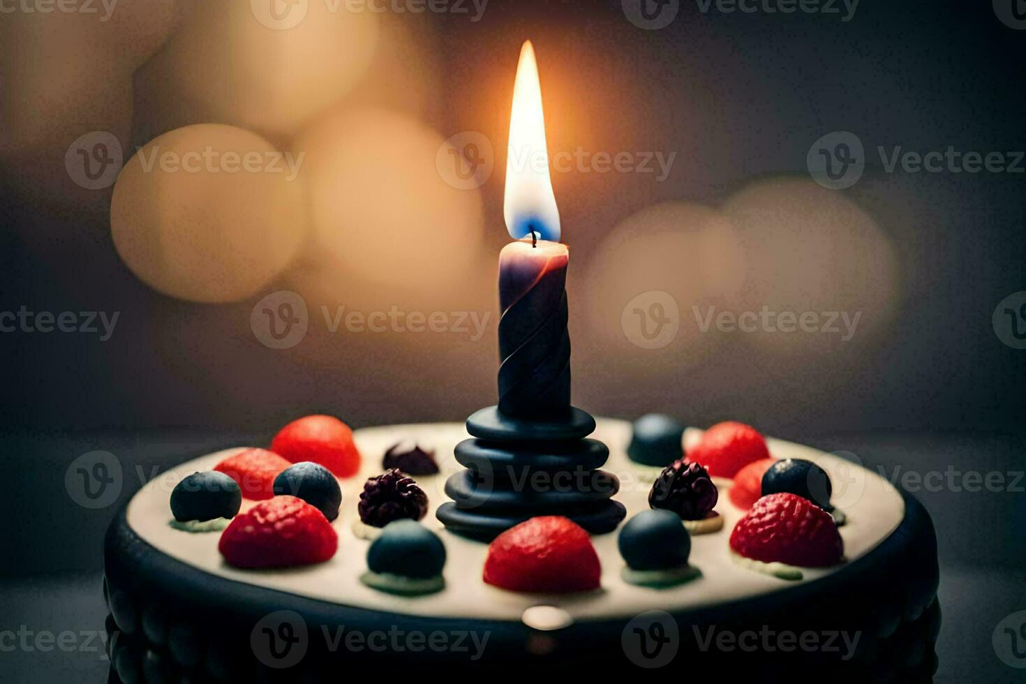 a birthday cake with a lit candle. AI-Generated photo
