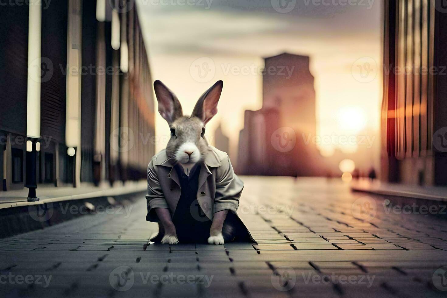a rabbit in a suit is sitting on the street. AI-Generated photo