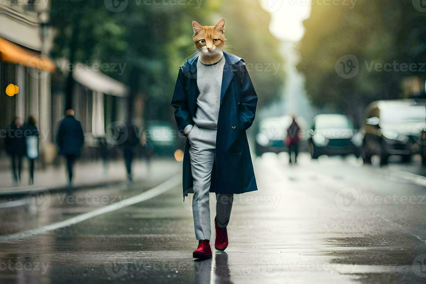a man in a coat and red shoes walking down a street. AI-Generated photo